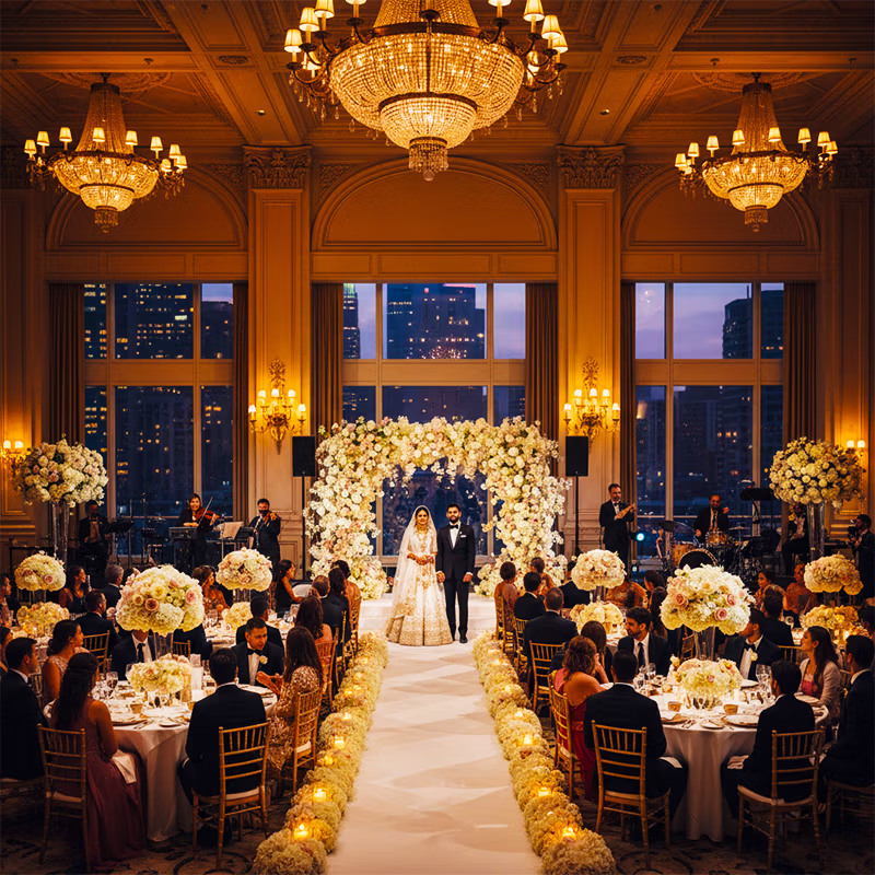 A wedding celebration with the Las Vegas casino hotel skyline in the background
