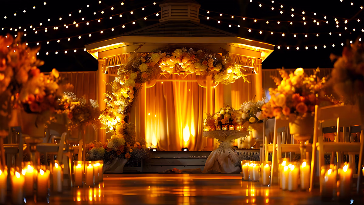 An elegant white gazebo adorned with flowers, set for a romantic Las Vegas wedding ceremony