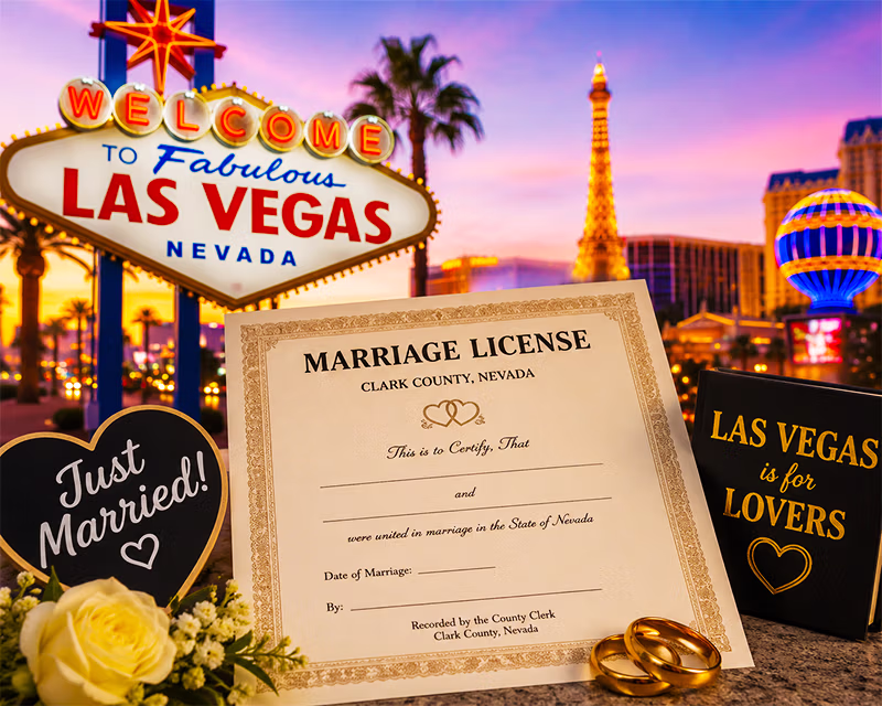 A couple holding their Nevada marriage license after saying I do