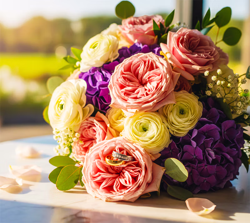 Wedding rings resting among fresh flowers at a Las Vegas ceremony