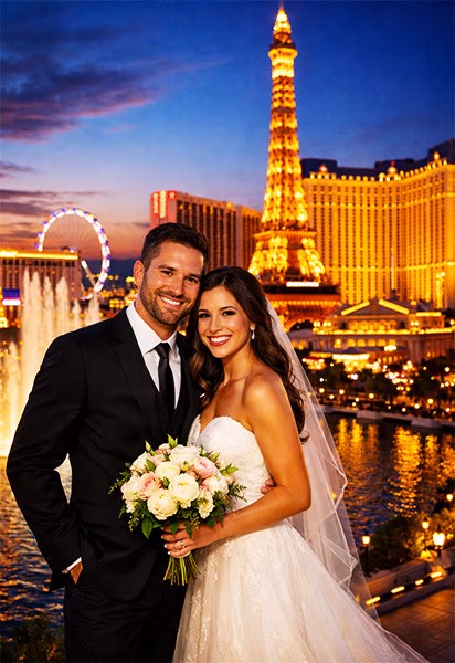 A newlywed couple embracing after their Las Vegas gazebo ceremony
